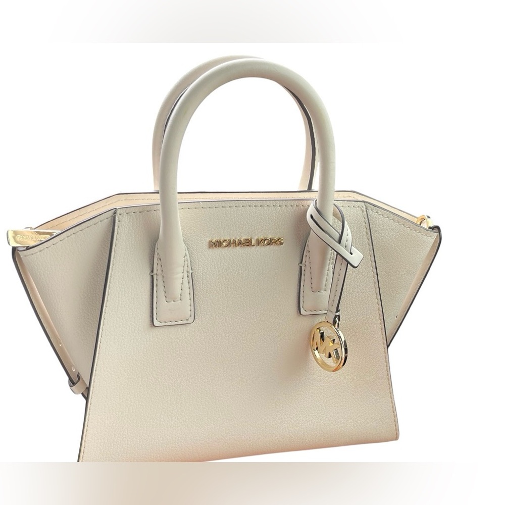 👛75- Michael Kors Ivory Leather Satchel with Gold Hardware
